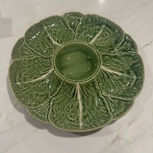 Vtg Bordallo Pinheiro Green Cabbage Leaf Dip Veggies Appetizers Serving Tray